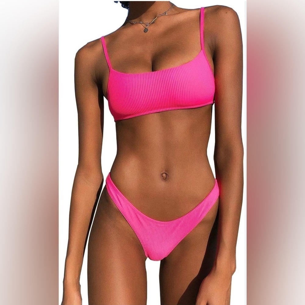 Women's Push Up Spaghetti Straps High Waisted Two Piece Swimsuit Hot Pink Small